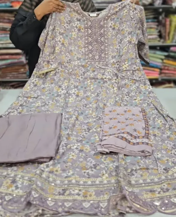 Premium Rayon Long Anarkali Top Bottom Dupatta Set | TS2061
